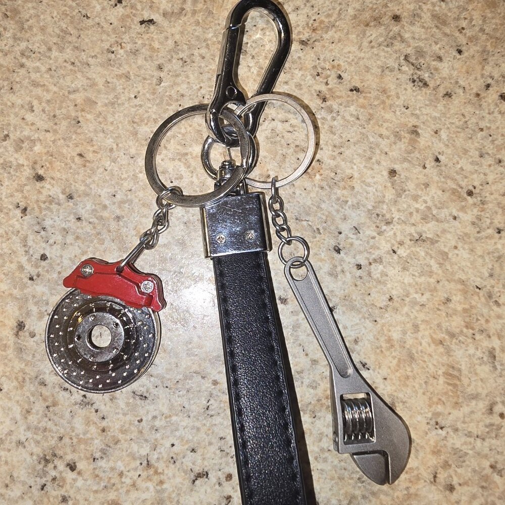 Automotive Tool Keychain Mini Brake Rotor Wrench Black Leather Strap